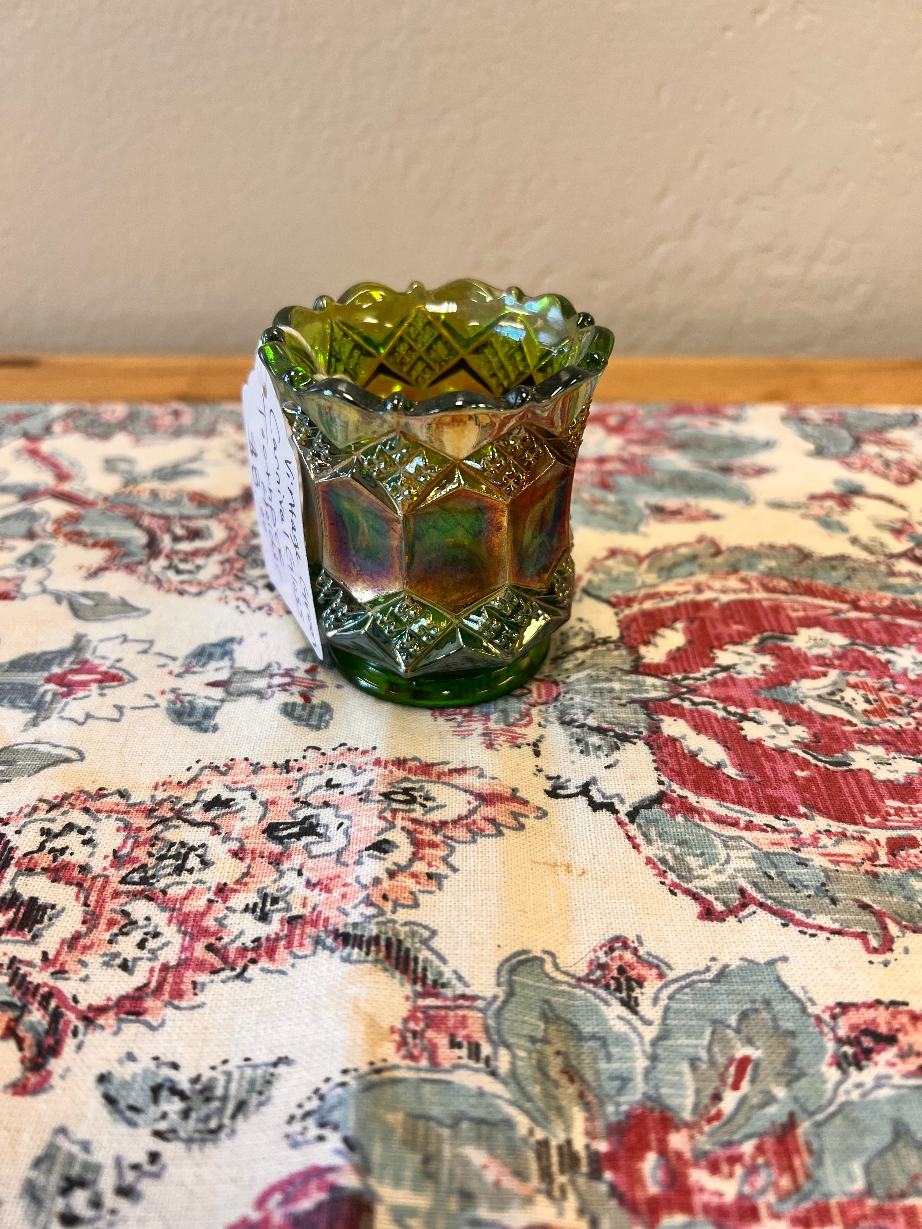 Vintage Green Carnival Glass Toothpick Holder