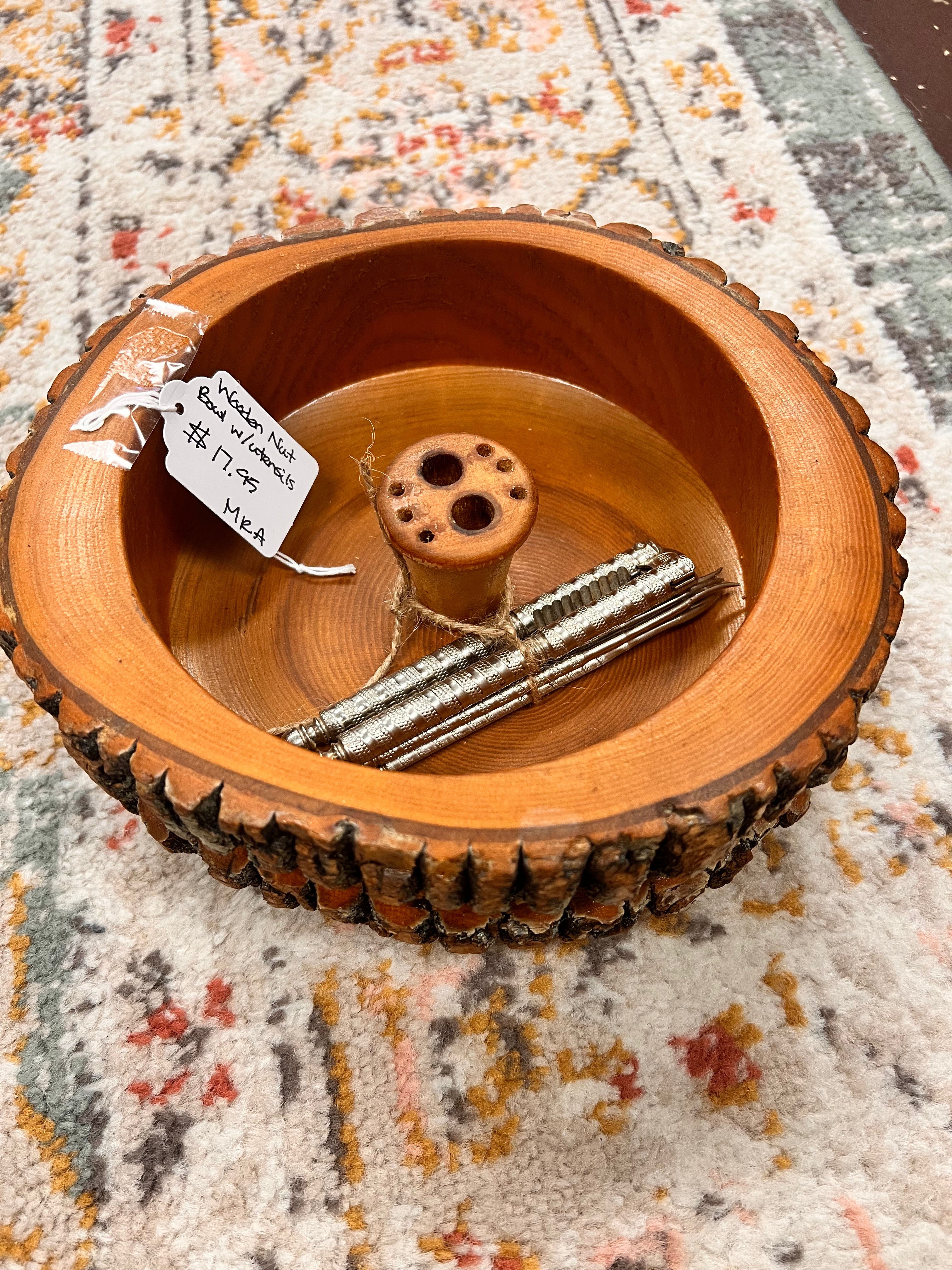 Wood Nut Bowl w/ Utensils